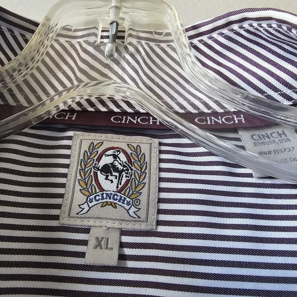 Cinch Western Shirt‎ Men's XL Long Sleeve Button Down Striped Red White Burgundy - Picture 2 of 9
